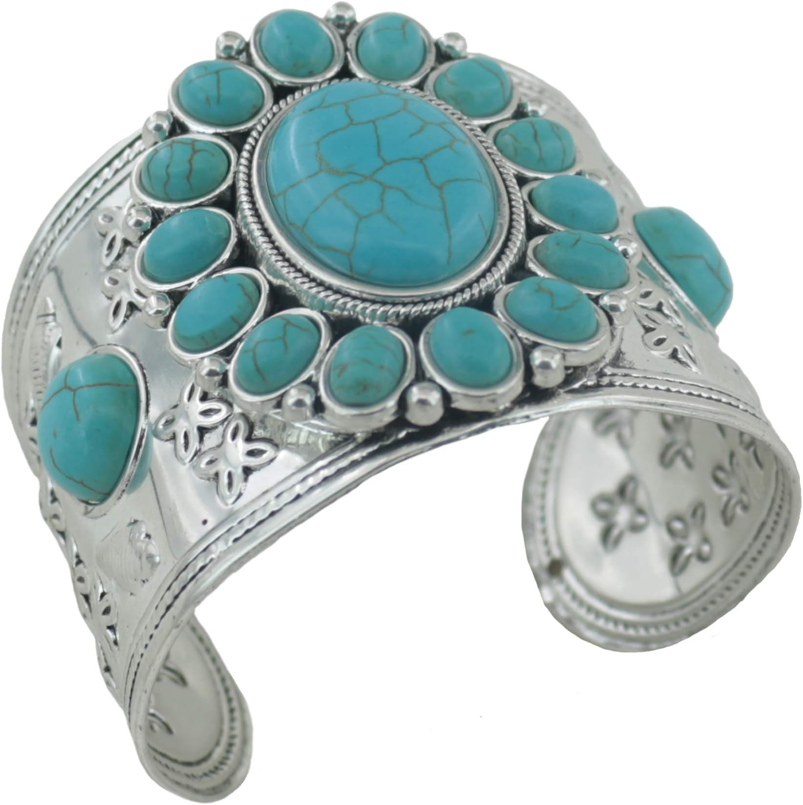 jianxi Women's Antique Rgentium Plated Base Heart Compressed Turquoise Bracelet Cuff Bangle Fashion Jewelry