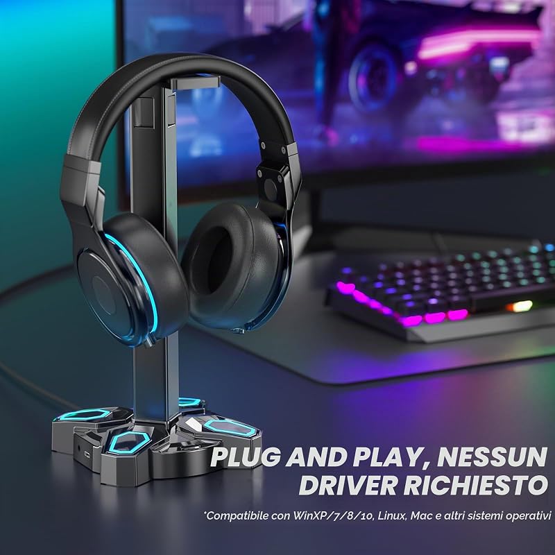Porta Cuffie da Scrivania, Supporto cuffie Ruotabile con 9 Modalità di Illuminazione - Porta Controller con 2 porte di Ricarica USB e Porta da 3,5 mm e di tipo per Gaming Accessori