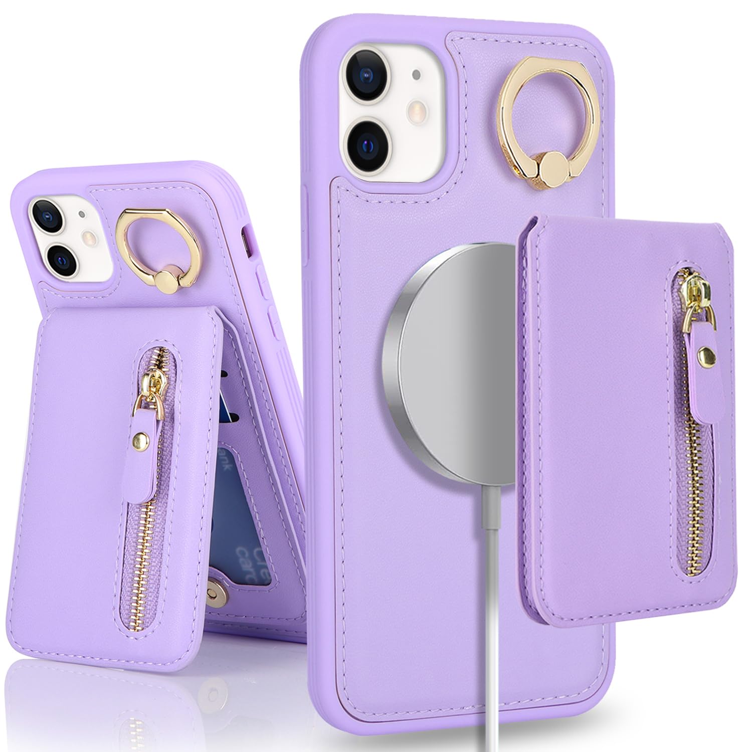 SailorTech iPhone 12 Phone Case with Card Holder, iPhone 12 Pro Case Magsafe Ring Stand with Kickstand Card Slots Wallet Detachable 2-in-1 Zipper Case - Purple — image 1