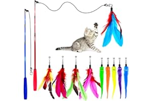 OODOSI Cat Toy Wand, Retractable Cat Feather Toys and Replacement Refills with Bells, Interactive Cat Toys for All Kind of Cat Kitten