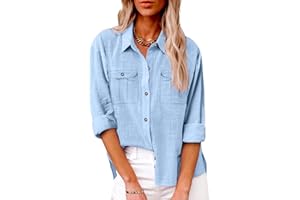 HTHLVMD Womens Cotton Linen Button Down Shirt 2024 Spring Casual Long Sleeve Solid Color Shirts Loose Work Tops with Pockets