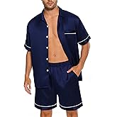SWOMOG Men Silk Satin Pajamas Short Sleeve Pjs Set Button Down Sleepwear Soft Lounge Set Nightwear with Pockets