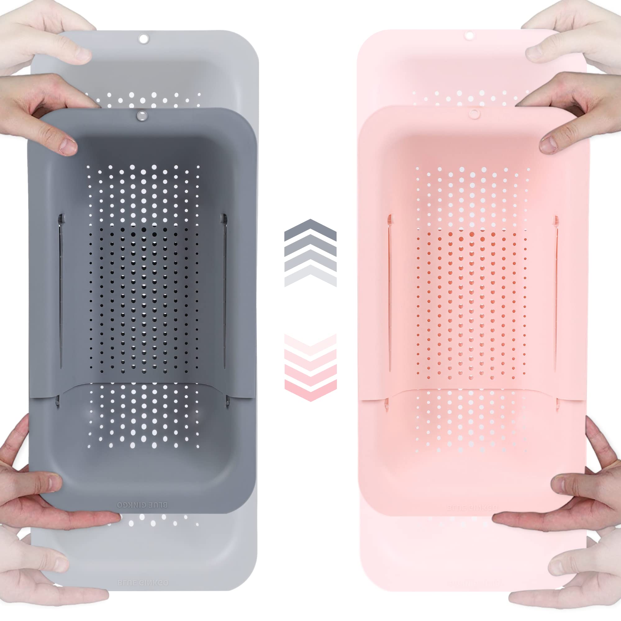 BLUE GINKGO Sink Colander Baskets - Wash Vegetables and Fruits, Drain Cooked Pasta - Extendable - Kitchen Essentials (Pack of 2) (Grey & Pink)