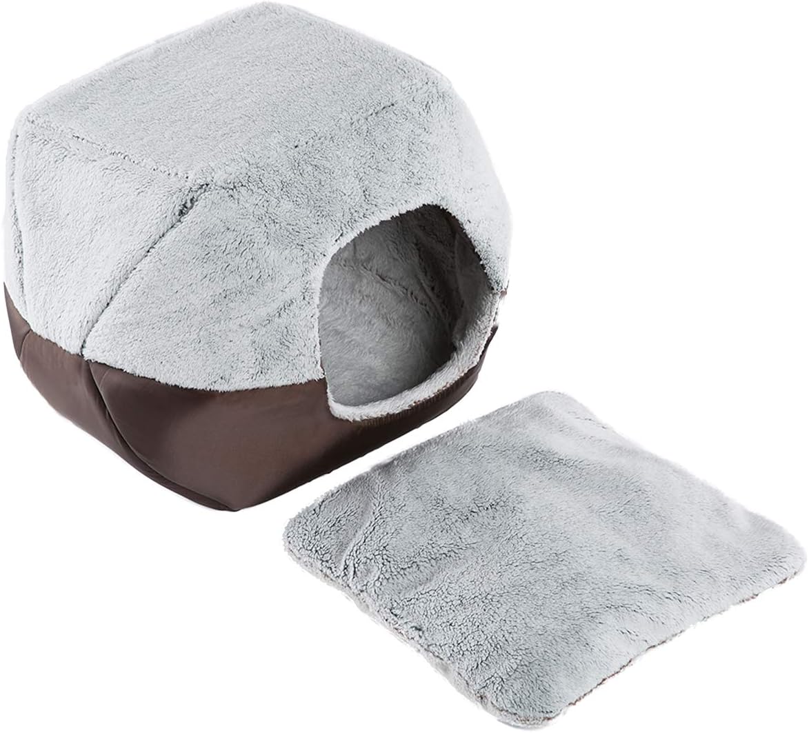 Hollypet Coral Velvet Self-Warming 2 in 1 Foldable Cave House Shape Nest Pet Sleeping Bed for Cats and Small Dogs, Gray : Pet Supplies