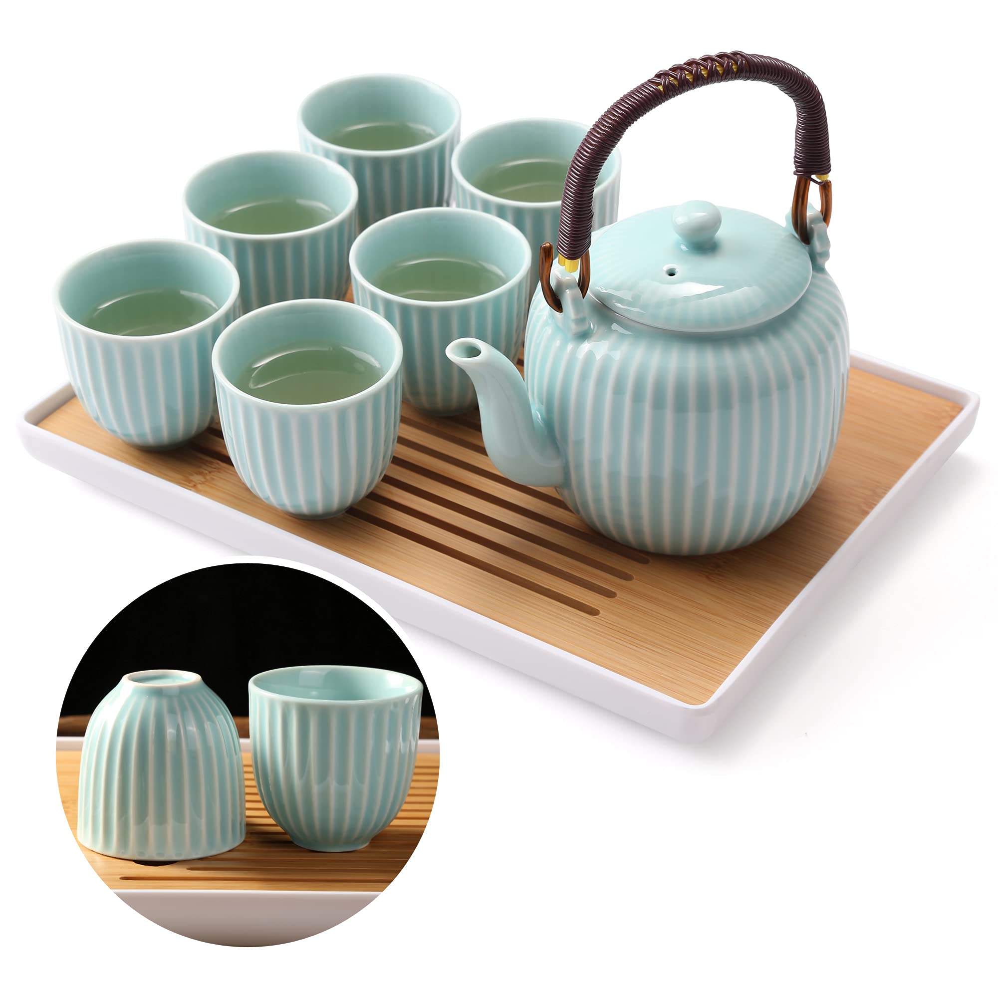 Photo 1 of **MISSING KETTLE**
Dujust Japanese Tea Set, Cyan-blue Porcelain Tea Set with 1 Teapot Set, 6 Tea Cups, 1 Tea Tray, 1 Stainless Infuser, Asian Tea Sets for Adults/Tea Lover/Women/Men (Bamboo - Straight Grain Design)