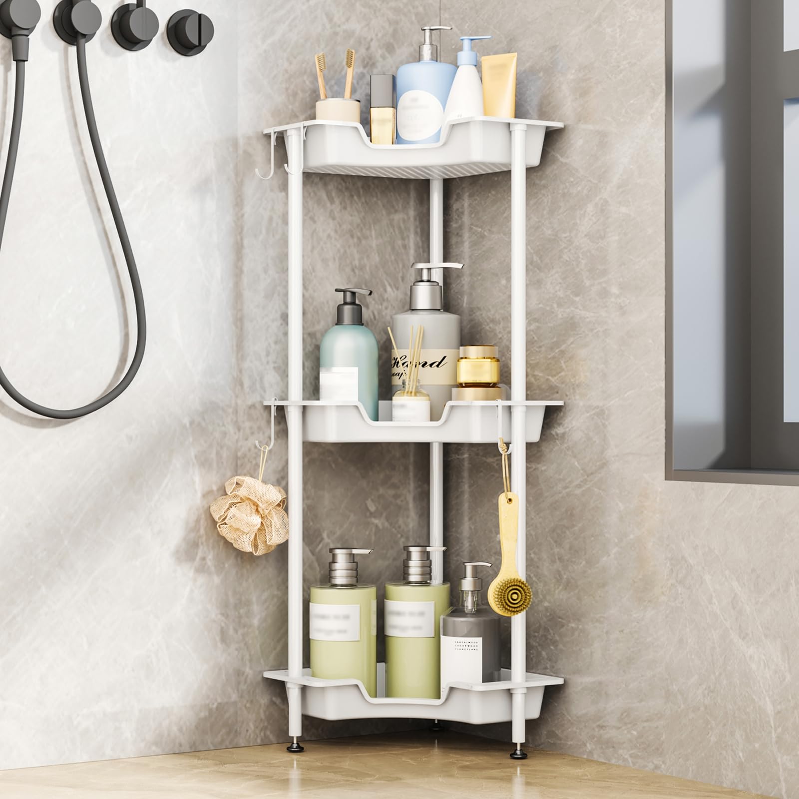 Photo 1 of SWTYMIKI Corner Shower Caddy Standing - 3 Tier Floor Standing Shower Organizer with 4 Hooks, Plastic & Stainless Steel Waterproof Corner Stand Shower Shelf Storage Rack for Bathroom, Bathtub, White