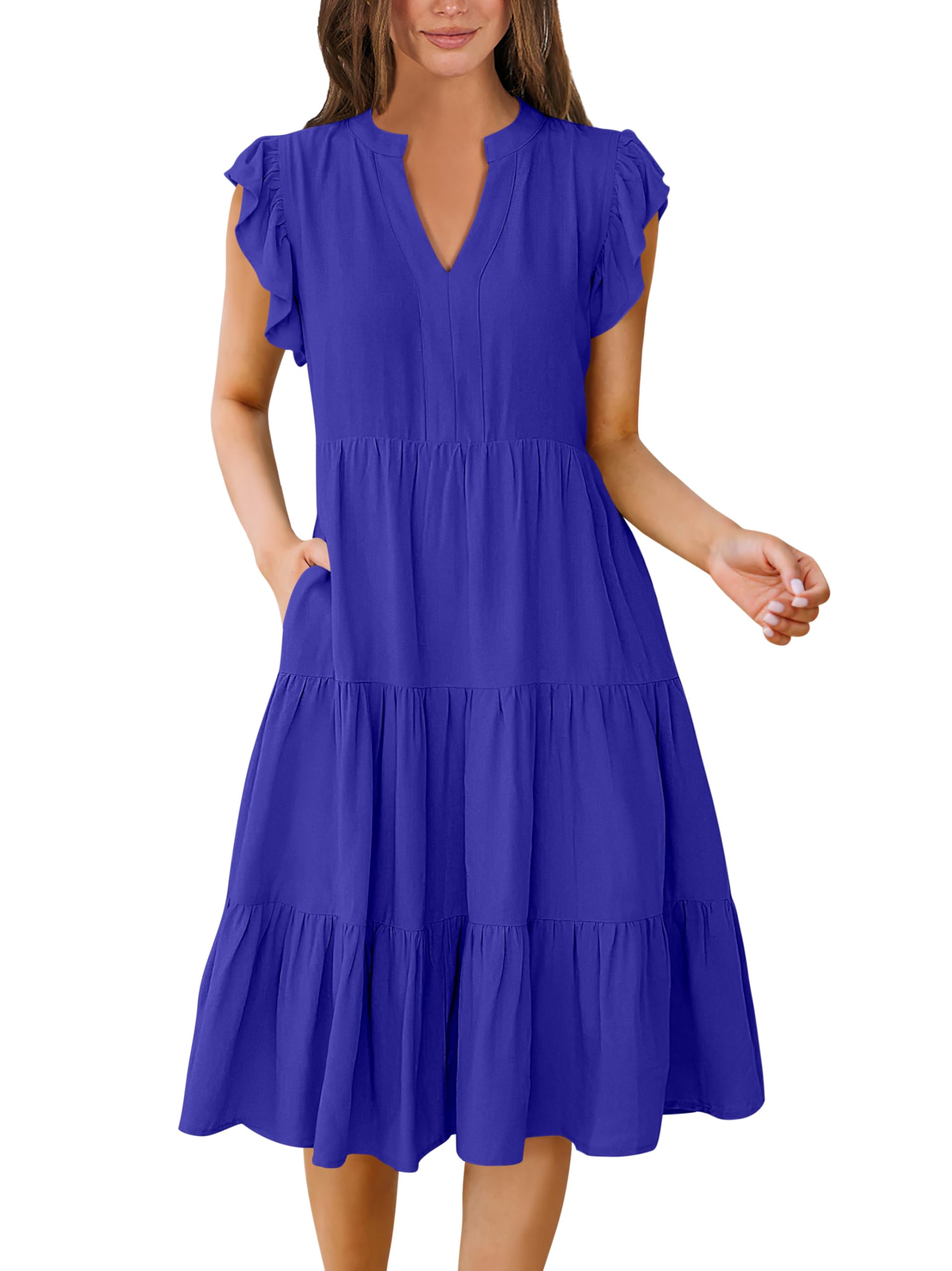 Photo 1 of ANRABESS Womens Summer Dress Ruffle Sleeve V Neck Midi Dresses Fashion Casual Fit Flowy Tiered Boho Beach Vacation Sundress Royal Blue-L