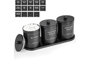 3 Pack Qtip Holder Dispenser - Glass Apothecary Jars with Bamboo Lids, Cotton Ball Pad Swab Round Holder, Floss Pick Containe