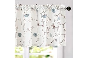 VOGOL Linen Textured Valance for Kitchen Window, Blue Flower Pattern Rod Pocket Drapes for Living Room, Country Style Light Reducing Curtain Panels, 1 Piece, W 42 x L 18 Inches