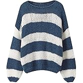 Pinclodly Oversized Sweaters for Women Color Block Striped Sweaters Y2K Crewneck Long Sleeve Knit Sweater
