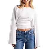 Navneet Women Long Bell Sleeve Ruched Cinched Waist Tee Top Crew Neck Loose Fitting Dressy Going Out Top