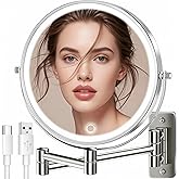 9" Large Wall Mounted Lighted Makeup Mirror, 5000mAh Rechargeable 1X/15X Magnifying Mirror with 3 Color Lights Touch Dimmable, Extended Arm 360° Rotation Bathroom Wall Mounted Makeup Mirror, Nickel