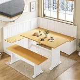 CayugaCrekrd 63x63 Breakfast Nook Dining Table Set, L Shaped Storage Bench with Back &amp; Cushion, Corner Kitchen Table with Bench, Space Saving Reversible, White 3-Piece