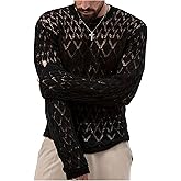 BEAUDRM Men's Crochet Sweater Hollow Out Crewneck Long Sleeve Distressed Knit Pullovers Top