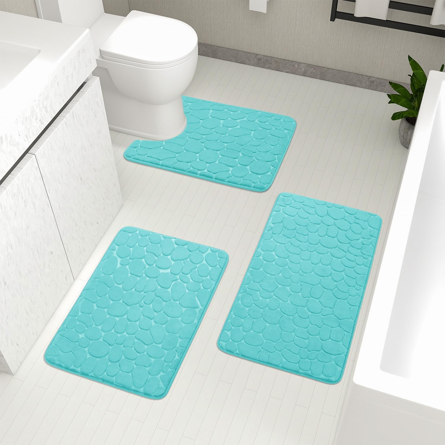 Photo 1 of YIHOUSE Bathroom Rugs Set, 3 Piece Cobblestone Memory Foam Bath Mats, Extra Thick Non Slip, Water Absorbent, Washable Teal Bath Rugs for Tub, Toilet and Floor