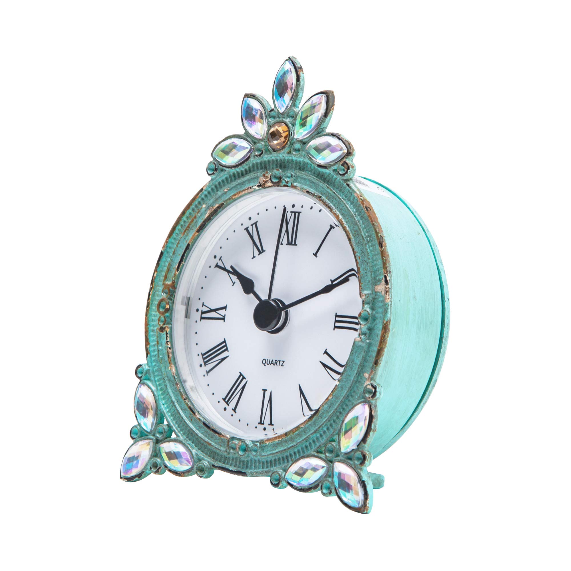 NIKKY HOME Vintage Pewter Quartz Mini Table Clock with Crystal Shining Rhinestone, 2.87 x 1.37 x 3.87 Inches, Aqua