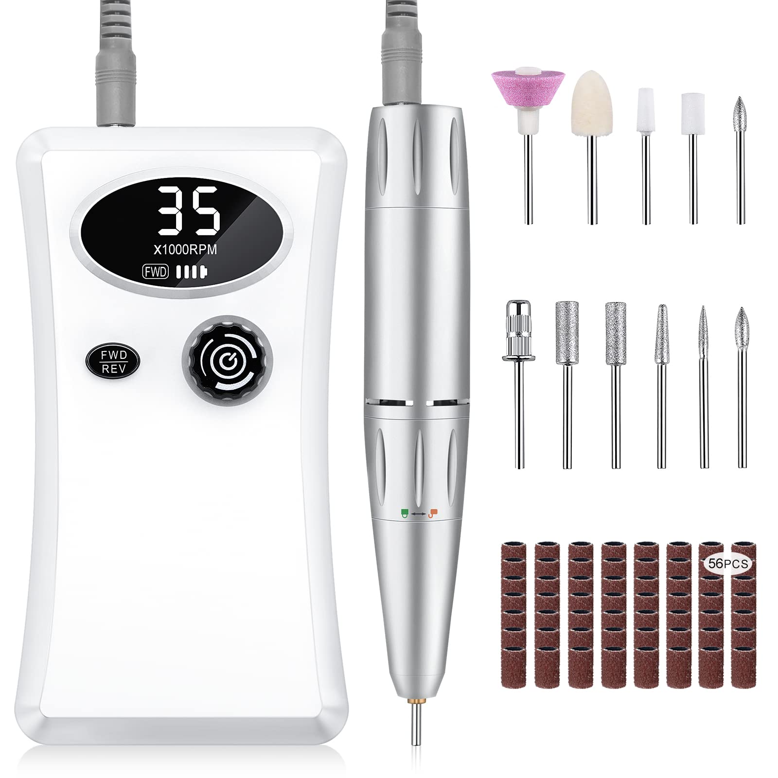 Electric Nail Files Professional,Urbuti Portable Nail Drill Machine for Acrylic and Gel Nails,35000RPM Rechargeable Electric Manicure Pedicure Set (White)