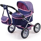 Bayer Design Trendy Doll Pram, Foldable Stroller with Bag - Blue &amp; Pink | Adjustable handle height 15-27 inches, matching shoulder bag, integrated shopping basket, and large wheels for all terrains
