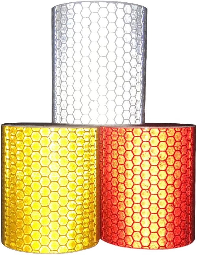 Viewm Reflective Tape Reflective Warning Tape Safety Reflector Tape, 2 inches ร 3.28 yard / 5 cm ร 3.0 m Per Roll, 3 Rolls, Silver, Orange, Red