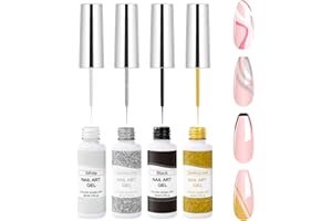 VIVAALI Gel Liner Nail Polish Set,4 Colors Black White Nail Polish Gold Silver Glitter Liner Gel with Thin Brush in Bottle for Swirl/Euphoria French Tips Manicure Painting 8ml