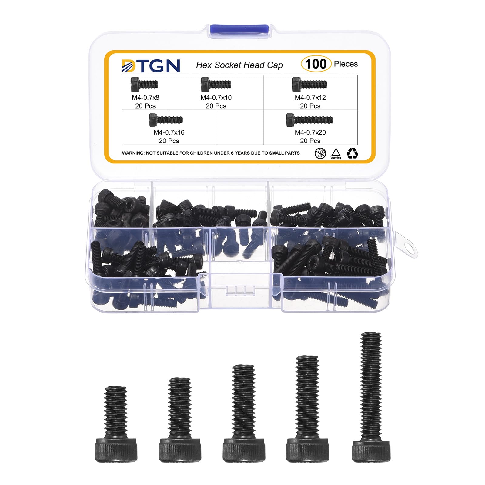 DTGN M4x0.7x8/10/12/16/20 Hex Socket Head Cap Screws Blots Assortment Kit - 100Pack - Good for Mountain Bike, Auto, Motorcycle - Carbon Steel Machine Screws Bolts - Black