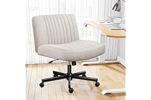 Darkecho Armless Office Desk Chair with Wheels,Thick Padded Fabric Cross Legged Wide Chair with Pocket Spring Cushion,Comfortable Adjustable Computer Task Vanity Chair for Home Office,Bedroom,Beige
