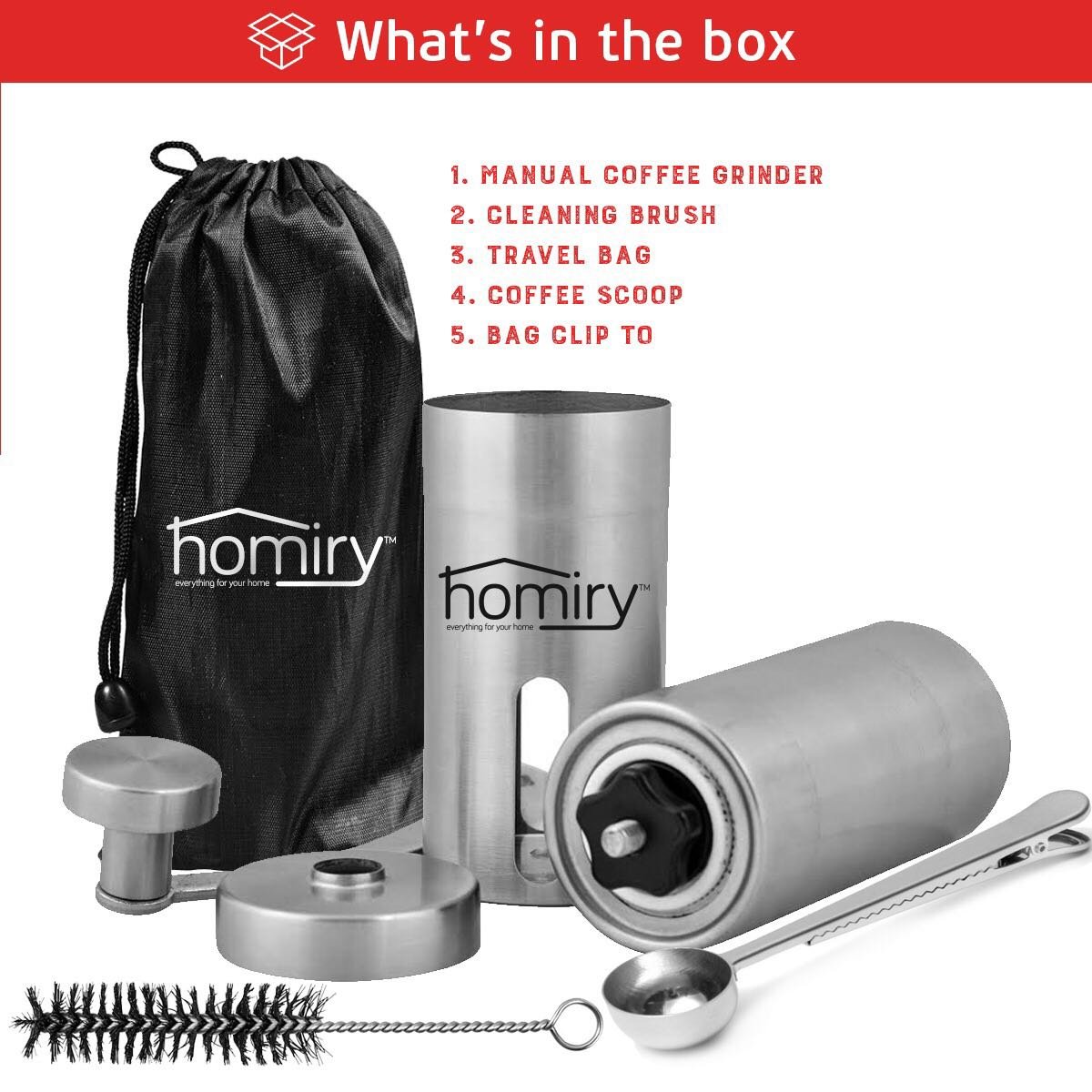 Manual Coffee Bean Grinder By Homiry: Best Portable, Easily Adjustable, Conical Burr Mill for Precision Brewing, Spice and Herbs, Hand Crank Stainless Steel-Free Pouch Bag, Cleaning Brush & Scoop