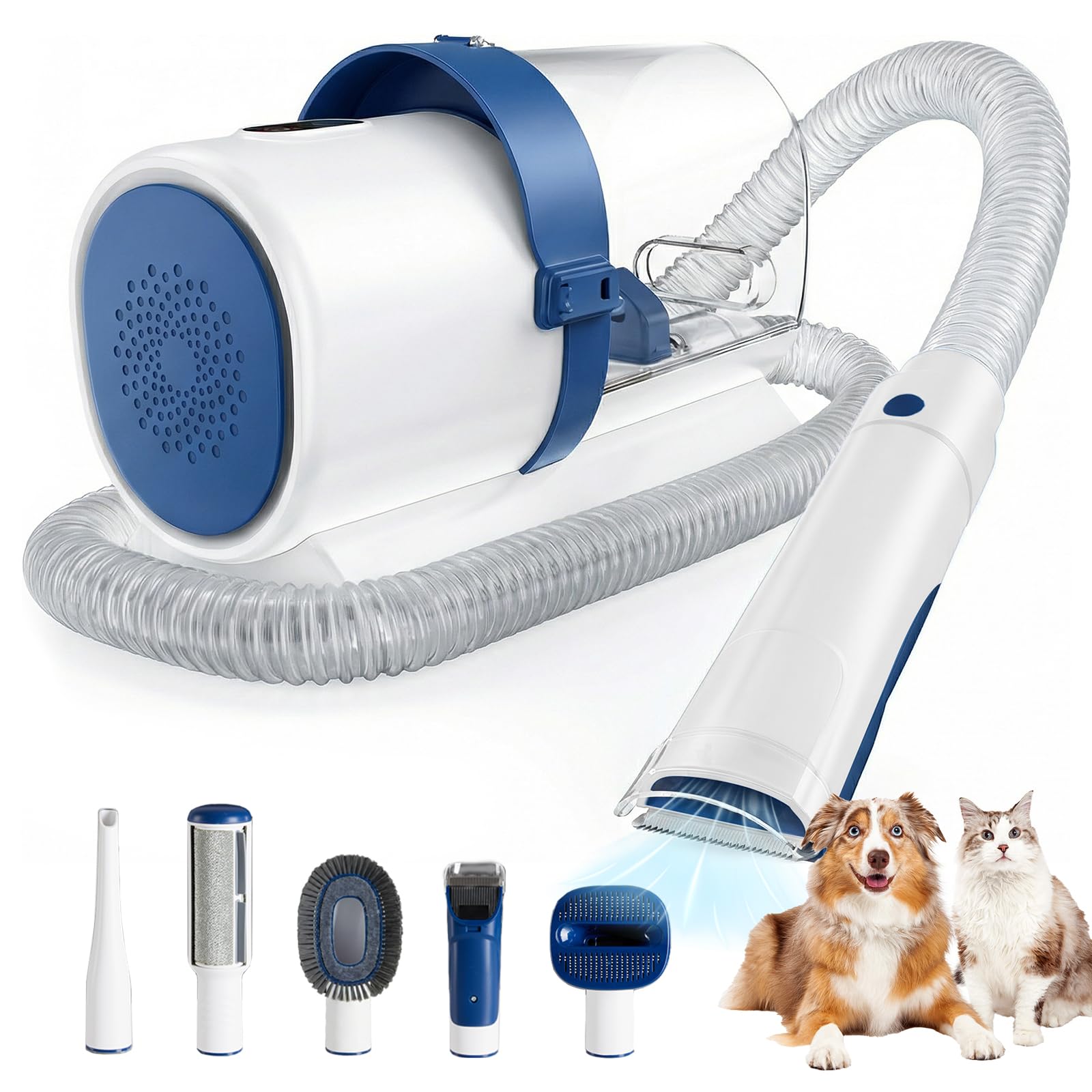 Sweetcrispy 2.5L Cup Professional Pet Grooming Vacuum Kit, 3 Suction Modes and 5 Groomer Tools with Cordless Low Noise Dog Clippers for Cats, Other Animals Hair Trimmer, White-Blue Image