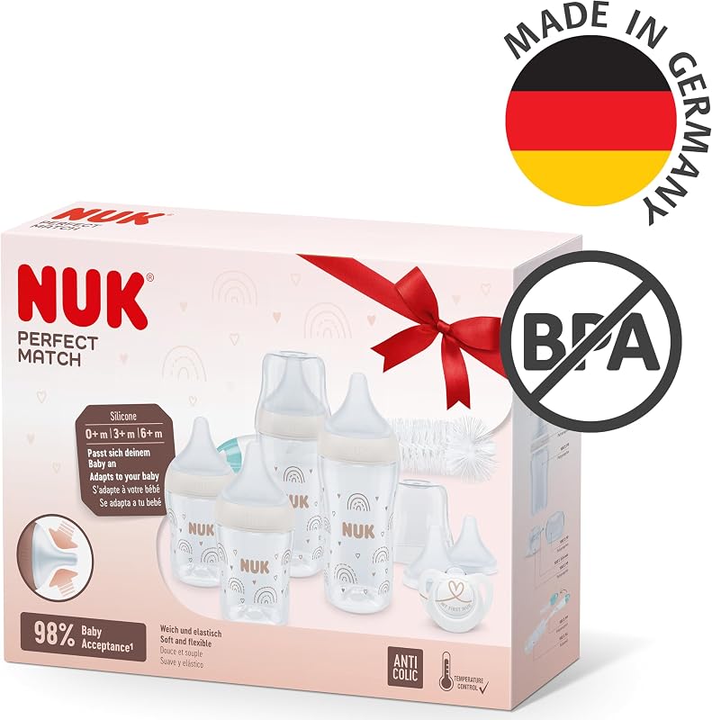 Confezione biberon Perfect Match Perfect Start | 0-6+ mesi | Si adatta al palato del bambino | 4 biberon anti-colica, ciuccio, scovolino per biberon e altro | Senza BPA | 9 pezzi