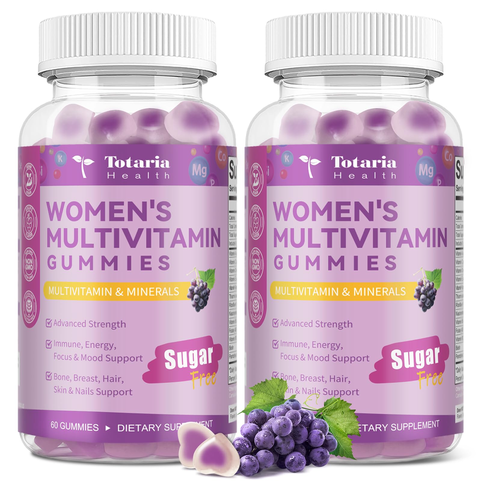 Totaria (2 Pcs) Sugar Free Multivitamin Gummies for Women 14+ w/Inositol, Iron, Folate, Biotin, Womens Daily Multivitamin Gummy w/Vitamin A, D, C, B, Support Hair, Skin, Energy, Immune, Grape Flavor Image