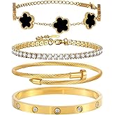 GIVCHO 18K Gold Plated Nail Love Bangle Bracelet Set for Women Stackable Floral Clover Adjustable Tennis Bracelet Non Tarnish Gift Jewelry for Christmas Valentines Birthday Mother's Day