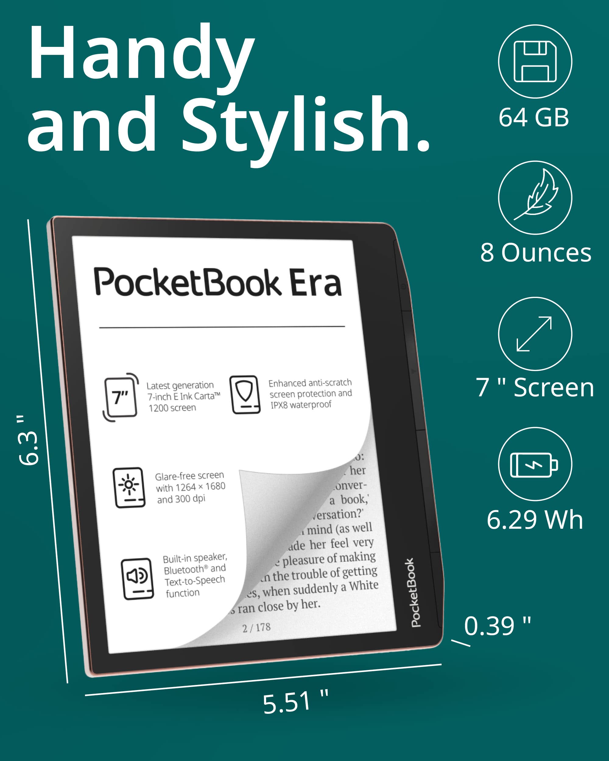 PocketBook Era E-Reader, Sunset Copper, 64GB | 7? Glare-Free & Eye-Friendly Touch-Screen with E -Ink Technology | Waterproof | Text-to-Speech, Audio- & E-Book Reader | SMARTlight & Built-in Speaker