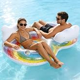 Bloomoja 2 Person Swim Ring Pool Float, Double Lounger for Relaxing, Rainbow Inflatable Float for Adults, Pool, Lake, Party