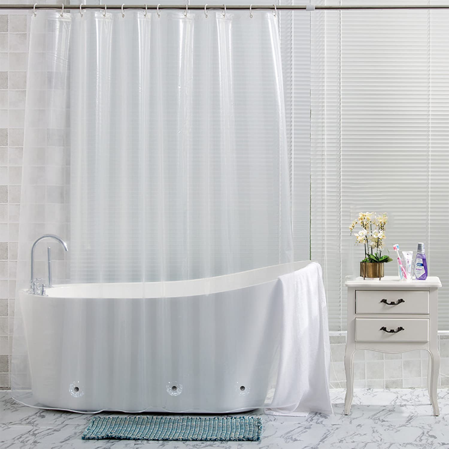 WedDecor PEVA Shower Curtains with Bottom Magnets Heavy Duty Transparent Shower Curtain Liner Mildew & Mould Resistant With 12 Curtain Hooks Waterproof Bath Curtain, 180cm x 200cm