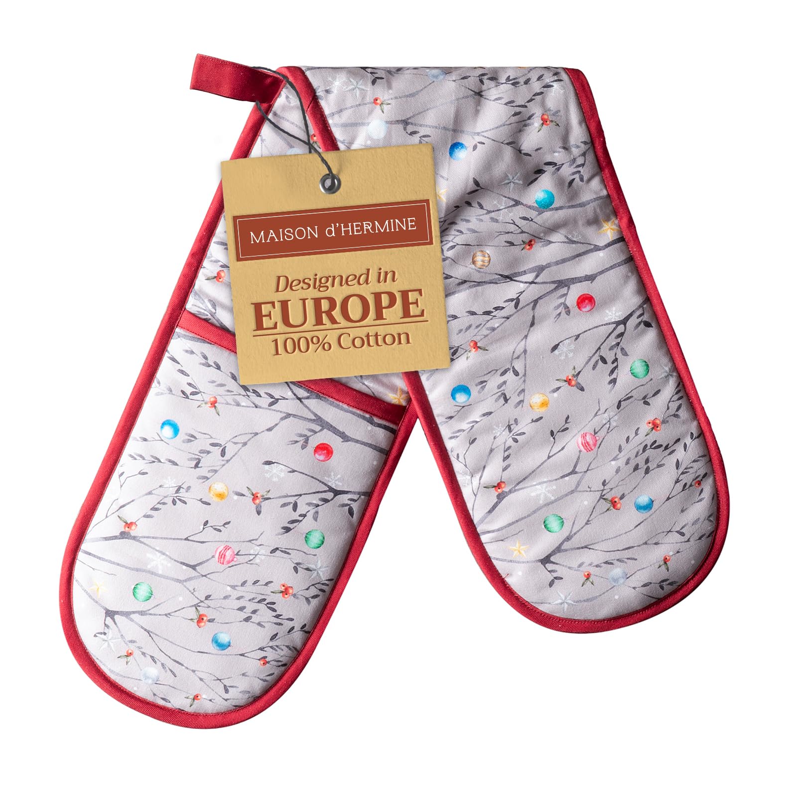Maison d' Hermine Double Oven Mitt (7" x 35") 100% Cotton Heat Resistant BBQ Cooking Gloves with Loop for Thanksgiving Christmas Decorations Baking Cooking Barbeque Handling Hot Pan (Fairy Christmas) Image