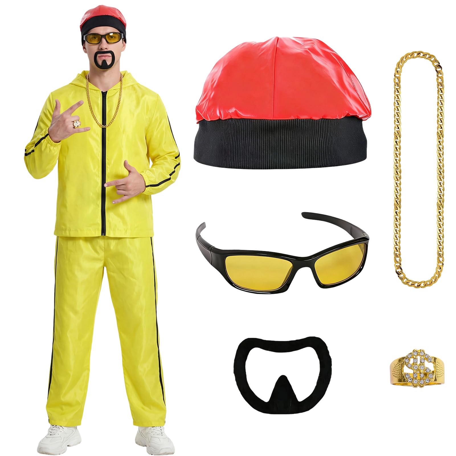 Aleshime 90s Hip Hop Ali G Costume for Men, Funny Rapper Celebrity Fancy Dress Outfit with Tracksuit, Cap, Gold Chain & Ring for Stag Do, 90s Theme Party(XXL)