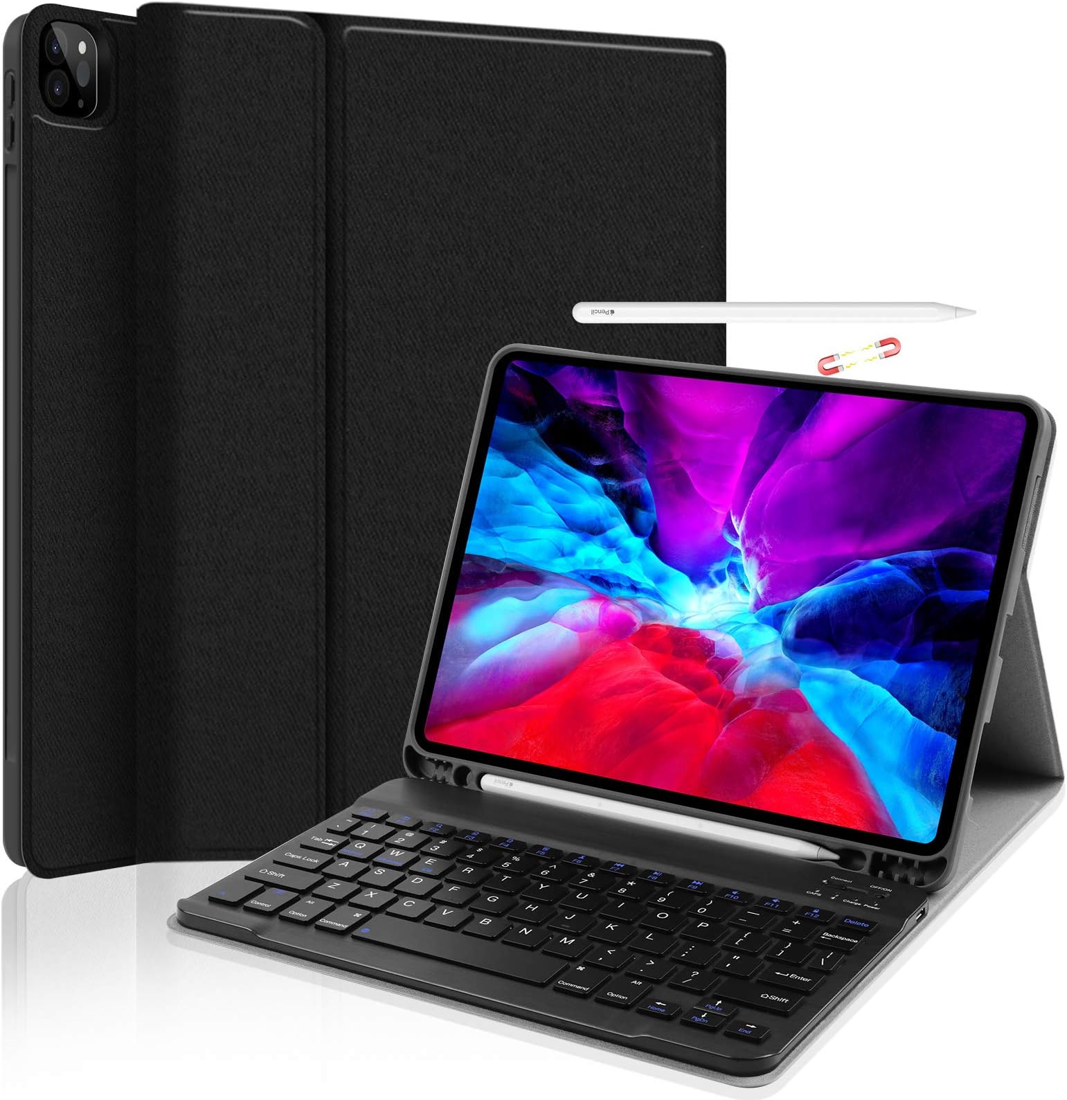 iPad Pro 11 2021 2020 Keyboard Case - JUQITECH Case with Wireless Keyboard - Support Pencil Charging Holder Detachable Keyboard Flip Stand Cover for iPad Pro 11 Inch 3rd Gen 2021 / 2nd Gen 2020, Black