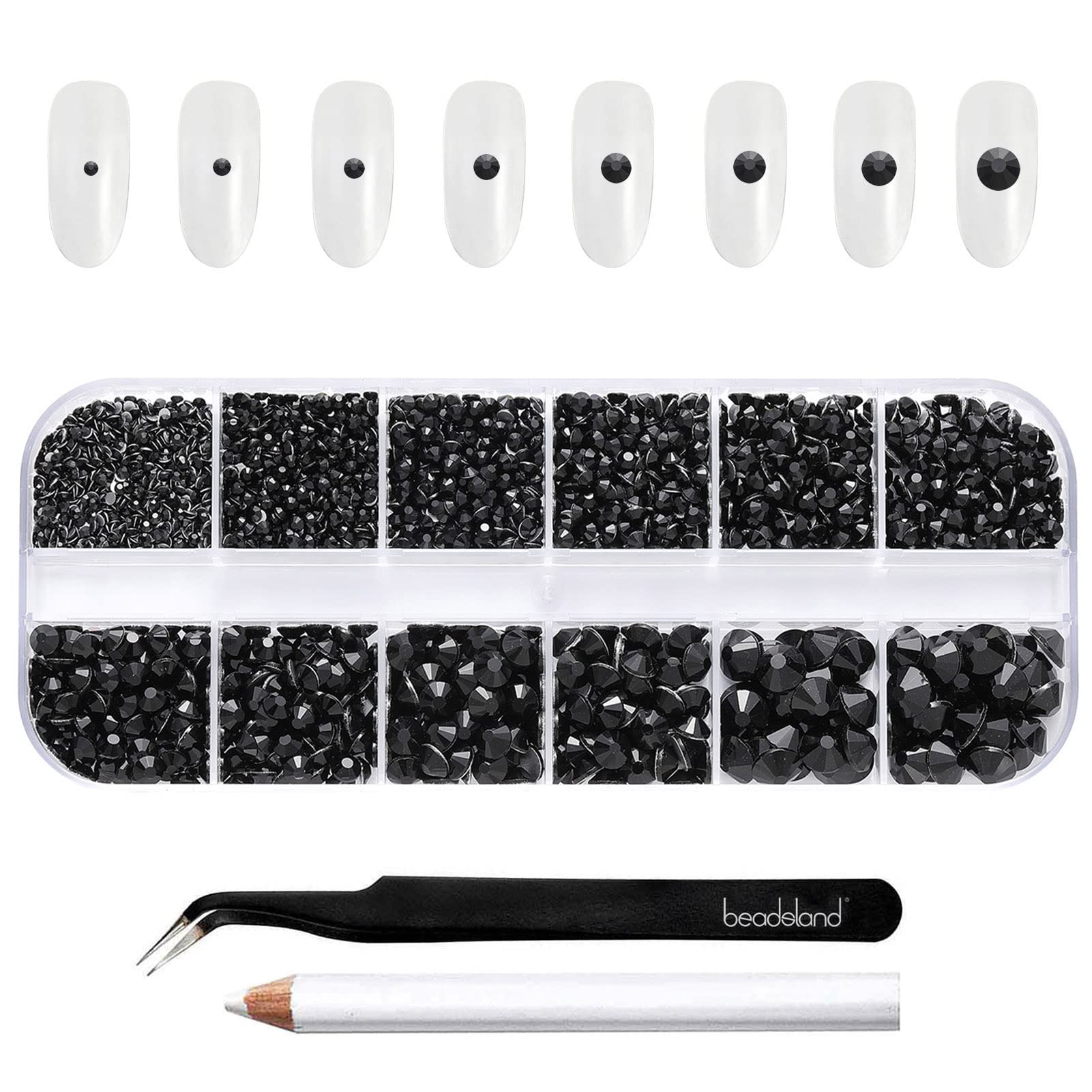 BEADSLAND 2500pcs Black Flatback Rhinestones, Flatback Gems Round Black Crystal Rhinestones for Crafts Mixed 8 Sizes SS4~SS30 with Picking Tweezer and Pen (Black)