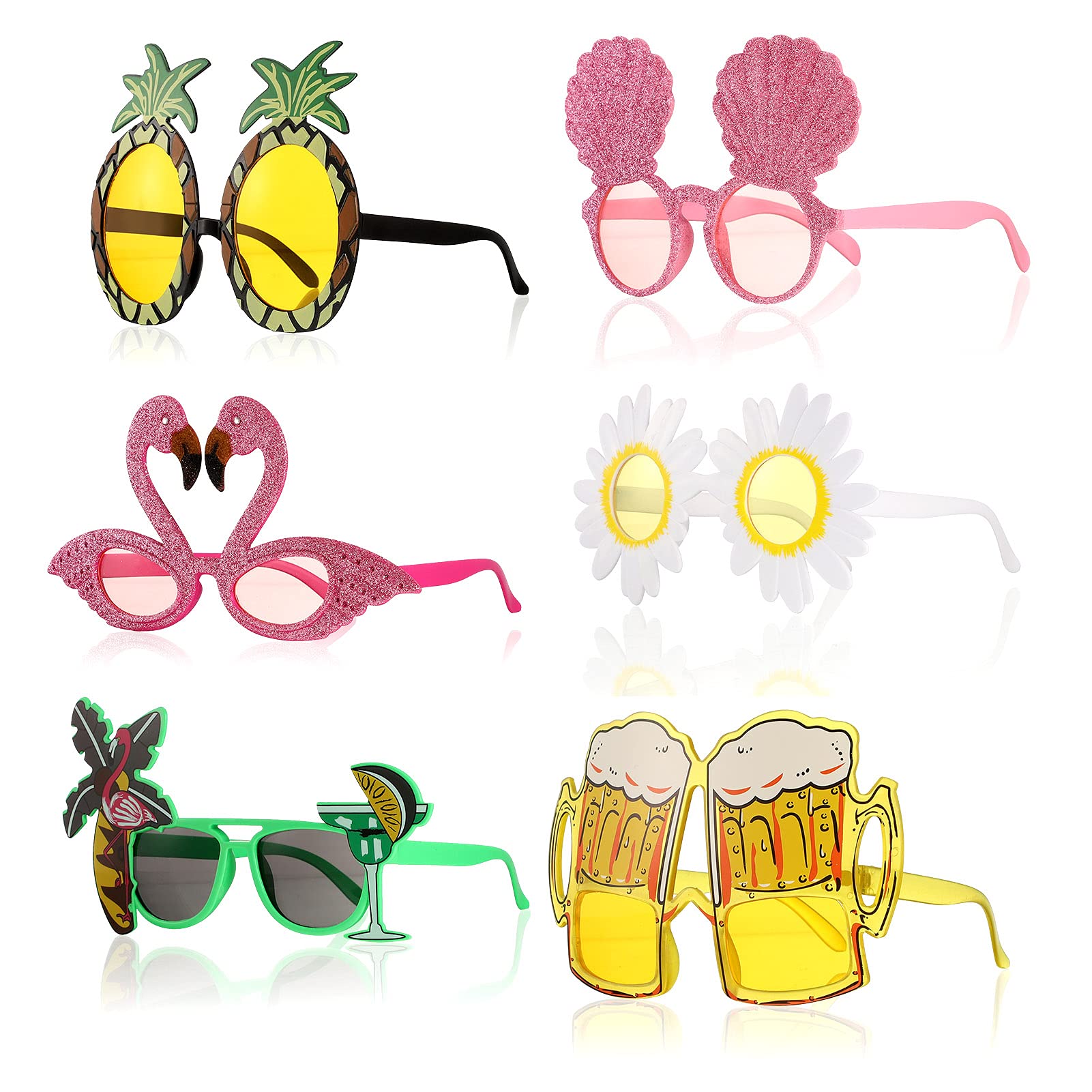 ALTcompluser 6 Pairs Novelty Hawaiian Sunglasses with Different Shapes,Beach Tropical Party Glasses Funny Photo Prop Supplies for Children Adults