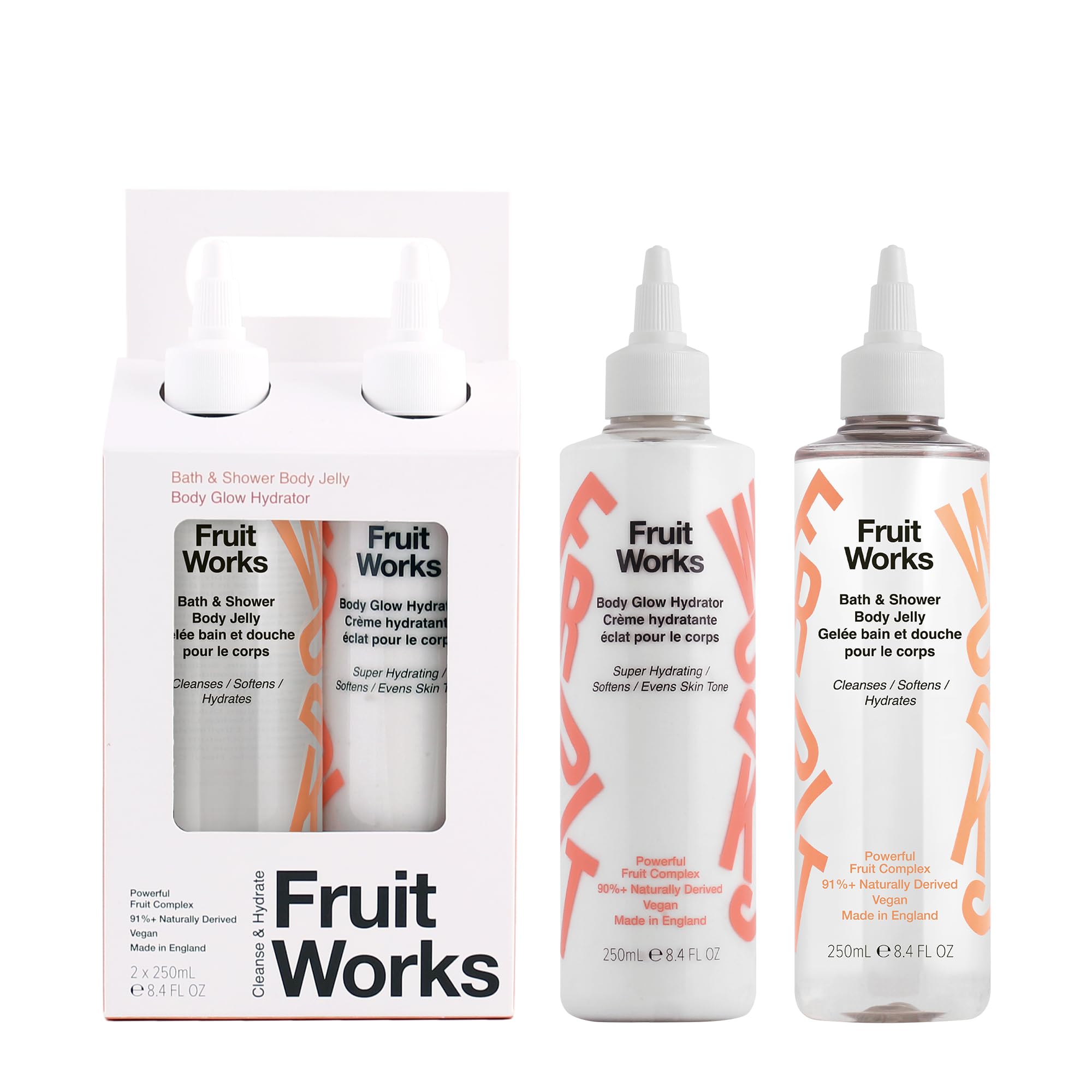Fruit Works Cleanse & Hydrate Skin Care Gift Set - 1x Bath & Shower Jelly 250ml - 1x Body Glow Hydrator 250ml Get your Skin Feeling Cleansed, Nourished, and Beautifully Moisturised. | Vegan
