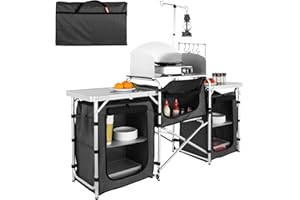 VEVOR Camping Kitchen Table, Folding Outdoor Cooking Table with Storage Carrying Bag, Aluminum Cook Station 3 Cupboard & Detachable Windscreen, Quick Set-up for Picnics, BBQ, RV Traveling, Black
