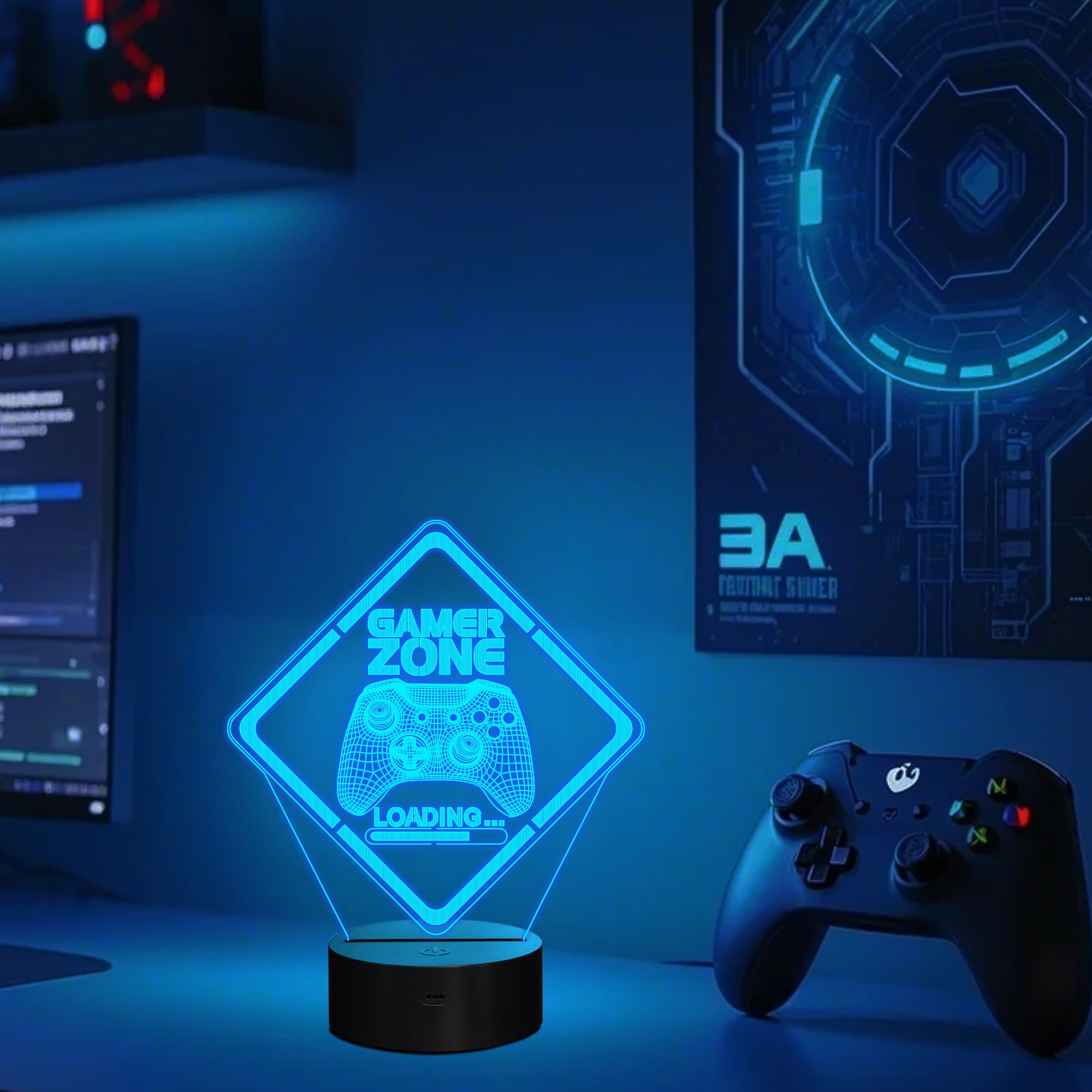 YuanDian Gamer Zone Nachtlicht, lustige 3D-Illusionslampe 16 Farben, die Fernbedienung und Timer-Gamepad-Grafik-Videospiele Gamer-Geschenk für Männer, Jugendliche und Kinder ändern 3