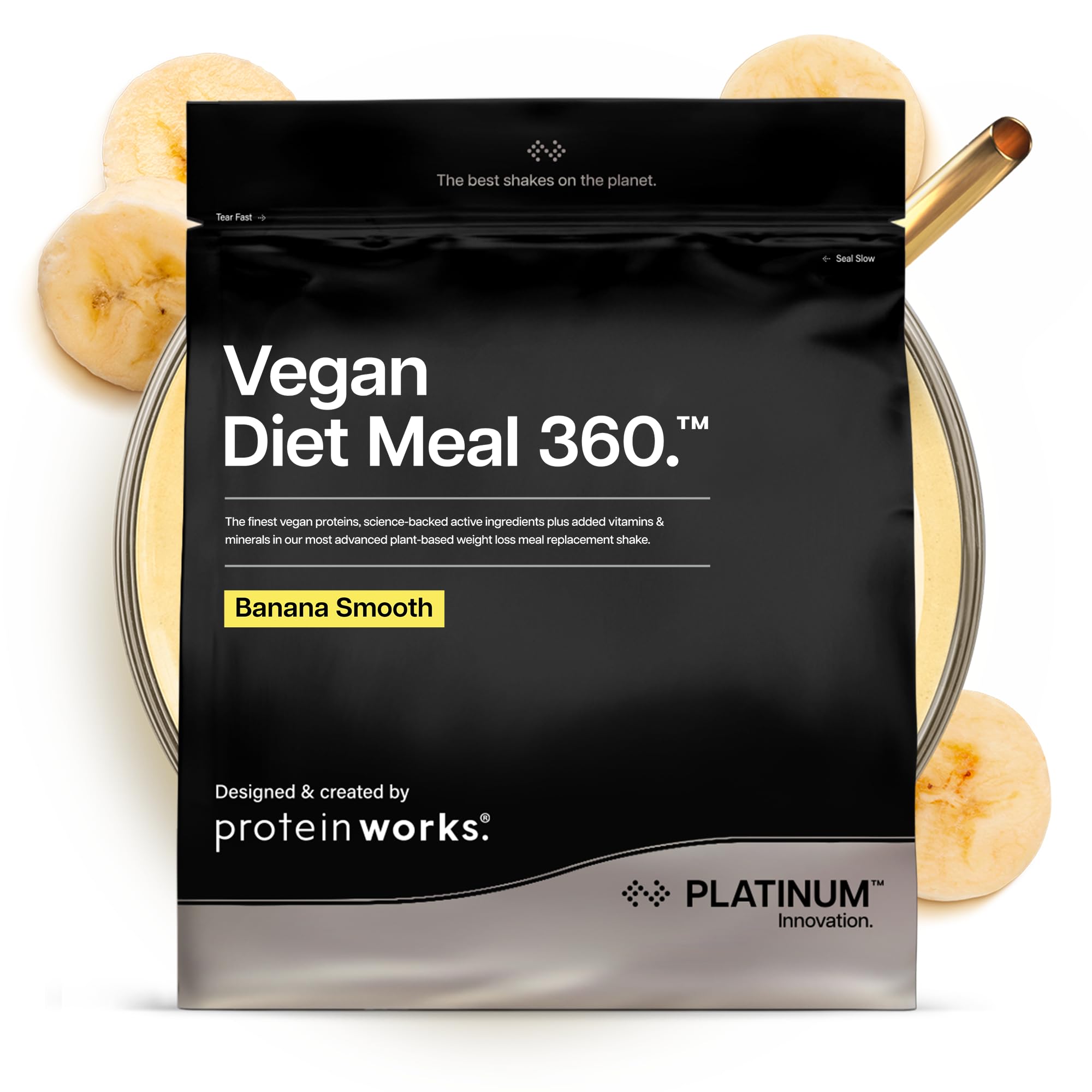 Protein Works | Vegan Diet Meal 360 - PLATINUM Innovation, Vegan Protein Diet Meal Replacement Shake, Healthy Weight Loss, Vitamin & Mineral Blend, Green Tea, Banana Smooth, 16 Meals, 1kg