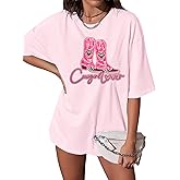 Cowgirl Shirts for Women Western Oversized Tshirts Glitter Hat Boots Print Shirt Country Music Short Sleeve Tee