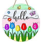 JUESMOS Hello Spring Door Decorations Colorful Tulip Flowers Spring Wreath Sign for Front Door Welcome Spring Door Sign Farmhouse Spring Decorations for Home Wreath Wall Porch Indoor Outdoor