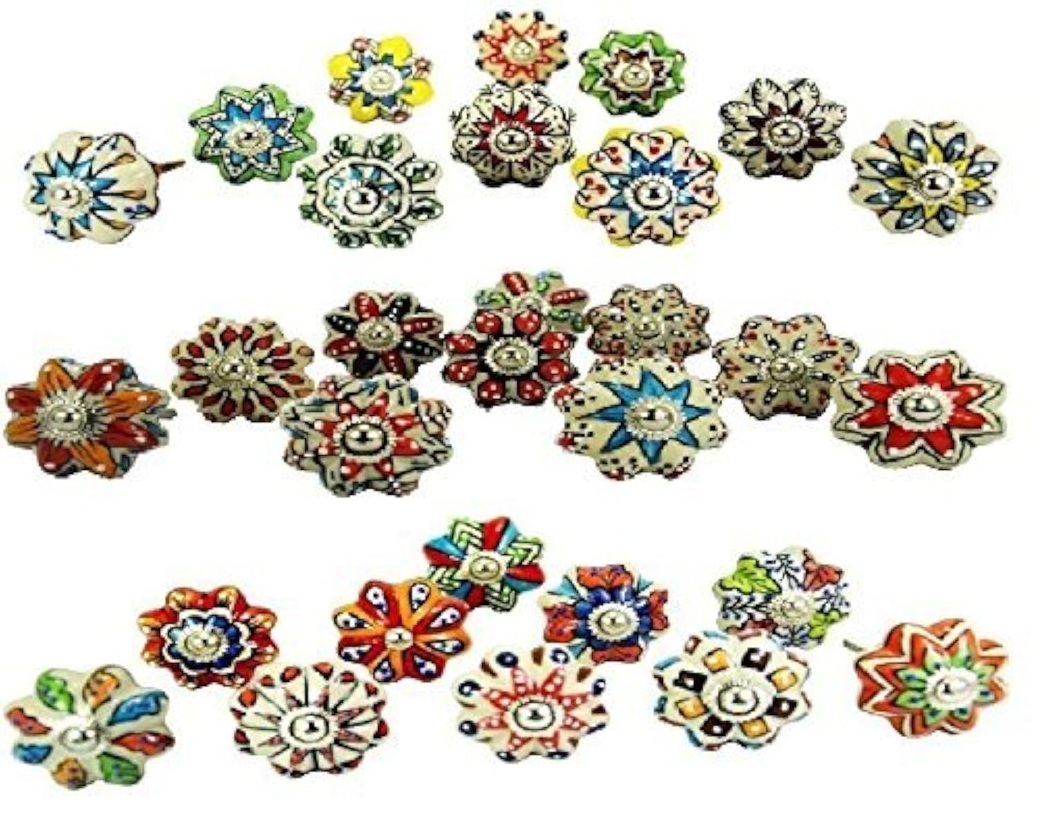 Dotted Mix Color Multi Designed Ceramic Cupboard Cabinet Door Knobs Drawer Pulls & Chrome Hardware - Hand Painted Pulls Set Of 20
