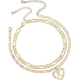 ABDOT Initial Ankle Bracelets for Women 2pcs 18K Gold Plated Handmade Layered Letter Heart Figaro Chain Flat Mariner Anklets for Women Cute Summer Beach Foot Jewelry