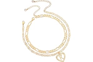 ABDOT Gold Initial Ankle Bracelets for Women 2pcs 18K Gold Plated Handmade Dainty Layered Anklet Letter Initial Heart Ankle F