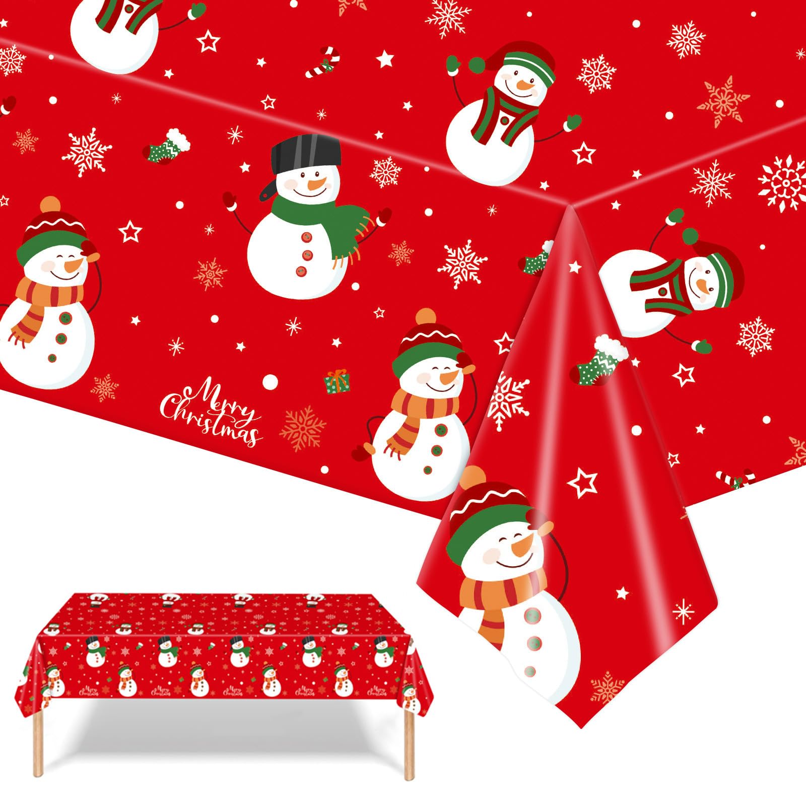 Mienocol 2PCS Christmas Tablecloth,137*274cm Large Red Snowman Xmas Party Table Cover,Disposable Rectangle Christmas Plastic Table Cloth for Christmas Party,Winter Holiday,Christmas Table Decorations — image 1
