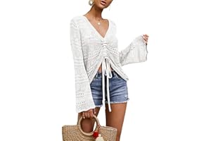 FERBIA Women Crochet Top Beach Cloth Drawstring Shirt Cover Up Oversized Sexy Beachwear Lace Up Tee Poncho